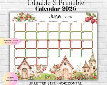 Editable Printable June 2026 Calendar-June 2026 Monthly Planner Family Work School Office & Home Organizer- Printable PDF-Summer Planner