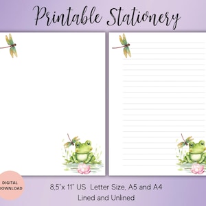 May include: Printable stationery featuring a green frog with a dragonfly on its head, a pink flower, and a dragonfly in the corner. The stationery is available in 8.5 x 11 inch US Letter size, A5 and A4, and comes in lined and unlined options.