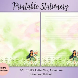 女の子と野の花の印刷可能な文房具 - 水彩画の夏の筆記用紙セット 罫線なし 罫線あり A4/A5/US レター - かわいい便箋 - 花柄の文房具