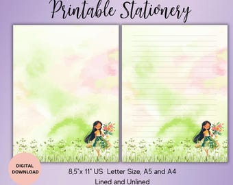 Girl and Wildflower Printable Stationery-Watercolor Summer Writing Paper Set Unlined Lined A4/A5/US Letter-Cute notepaper-Floral Stationary