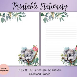 Papelaria para impressão de coala - Conjunto de papel de carta de animal fofo - Papelaria infantil - Pautado sem pauta A4/A5/Carta para download digital - Pacote de papelaria fofo