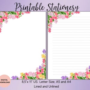 Papelería imprimible con tulipanes: juego de papel para escribir con flores de primavera, con renglones, sin renglones, tamaño A4, A5 y carta de EE. UU., papel para cartas con flores de primavera