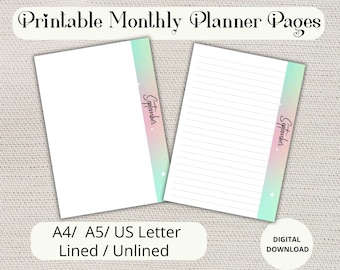Monthly Planner Inserts-Watercolor Planner Insert-Printable Monthly Planner Inserts  A5/A4/US Letter Lined Unlined-Journal Pages & Inserts