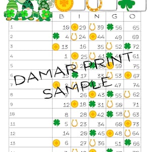 Tableros de bingo Lucky Bingo - Descarga instantánea - 15 líneas - Tableros de bingo imprimibles del Día de San Patricio - Rectos mixtos en blanco - 75 bolas