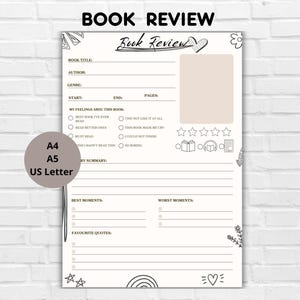 May include: A cream-colored book review sheet with the title "BOOK REVIEW" at the top. The sheet includes sections for book title, author, genre, and a summary. It also has a section to rate the book and note favorite quotes.