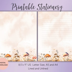Papelería imprimible de setas, Papelería de setas, Juego de papel de escritura floral Sin forro A4/A5/Carta estadounidense, Papelería de flores, Suministros para amigos por correspondencia