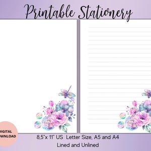 Papelería imprimible con flores y libélulas - Papelería con flores - Papel de carta botánico con rayas y sin rayas A4/A5/carta de EE. UU. - Notas de papelería con flores