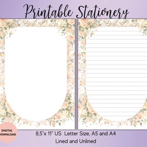 Papelería imprimible con flores de acuarela - Papel de carta con flores, rayado, sin raya, tamaño A5/A4/carta de EE. UU. - Papel de notas digital con flores - Carta botánica