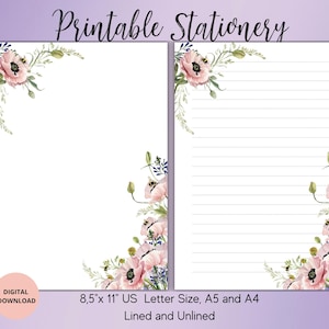Ensemble de papier à lettres imprimable fleur de coquelicots, sans ligné, A5/A4/US Letter-Mignonne papeterie pour lettres Bloc-notes fleurs