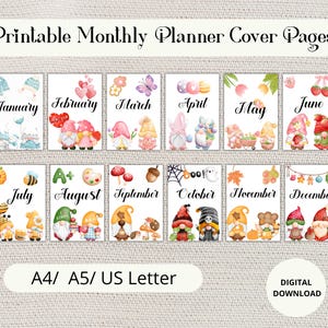 Può includere: Una raccolta di copertine di pianificatori mensili stampabili. Ogni pagina presenta un'illustrazione stravagante per ogni mese, tra cui gnomi, fiori ed elementi stagionali. Il testo "Printable Monthly Planner Cover Pages" è in alto. Il testo in basso recita "A4/ A5/ US Letter" e "DIGITAL DOWNLOAD".