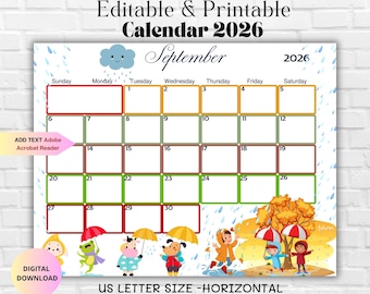 Editable September 2026 Calendar-Autumn 2026 Monthly Planner Family Work School Office & Home Organizer- Printable Calendar