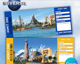 Editable Surprise Universal Trip Ticket-Printable Universal Gift Ticket-Boarding Pass-Canva Template- Universal Studios-Instant Download