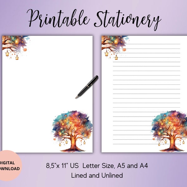 Autumn Tree Printable Stationary-Watercolor Tree Digital Letter-Tree Writing Paper Set Lined Unlined A4/A5/US Letter size-Watercolor Notepad