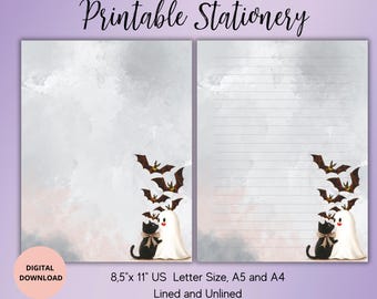 Zestaw papieru do pisania „Kot i nietoperze” bez linii, w linie, A5/A4/US Letter – artykuły papiernicze do druku na Halloween – artykuły dla przyjaciół korespondencyjnych – artykuły papiernicze w stylu gotyckim