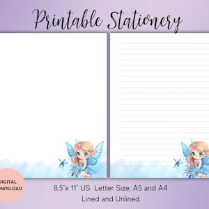 Conjunto de papel de carta de fada com flor pautado sem pauta A4/A5/EUA - Papelaria para impressão de conto de fadas - Suprimentos para caneta de fada - Blocos de notas fofos de fada
