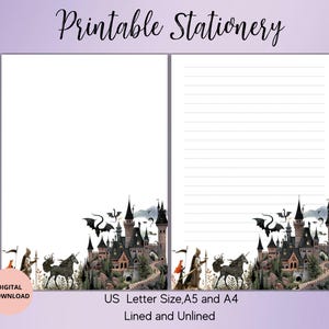 Papier à lettres médiéval imprimable fantaisie, ligné A5/A4/US, non doublé, papier à lettres fantaisie pour notes et lettres