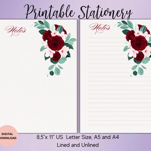 Papier à lettres imprimable fleur bordeaux - Papier à lettres floral, non doublé A4/A5/US, Papier à lettres fleuri, Papier à lettres floral - Notes de fleurs