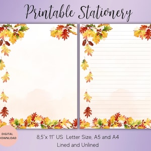 Papelería imprimible de otoño, carta digital de hojas de otoño, papelería, juego de papel de escritura imprimible, rayado, sin raya, tamaño A4, A5 y carta de EE. UU.