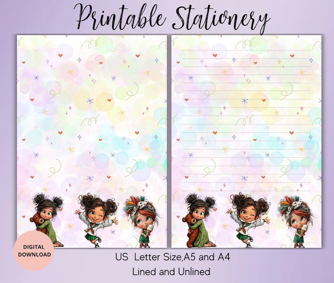 Cute Girls Printable Stationery-girls Writing Paper Set Lined Unlined ...