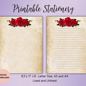 Papier vintage avec roses, papeterie imprimable, papier à lettres fleurs, sans doublure, A4/A5/US Letter - papier à lettres vintage