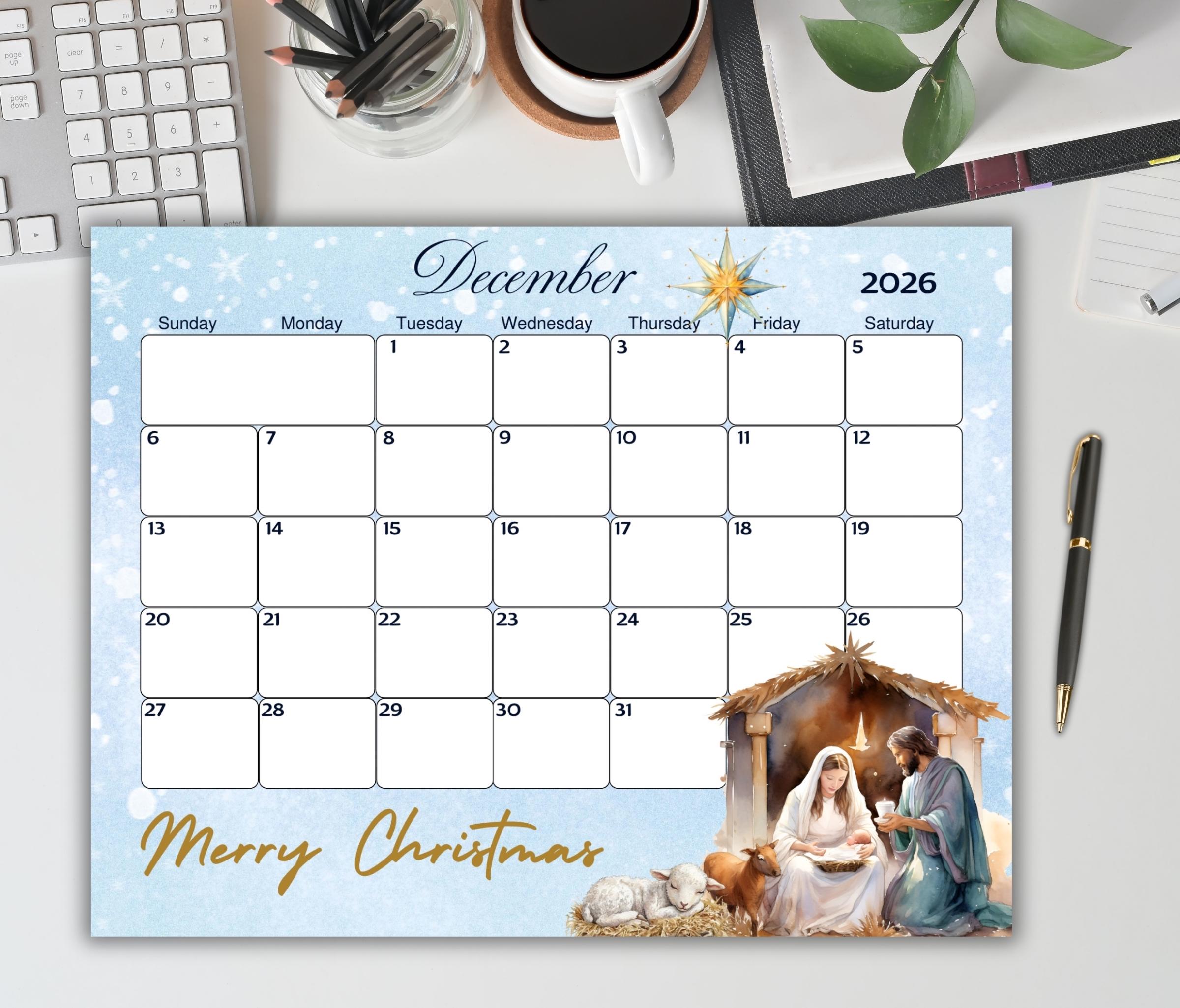 December Religious EDITABLE December 2026 Calendar Christian Christmas-nativity Religious ...