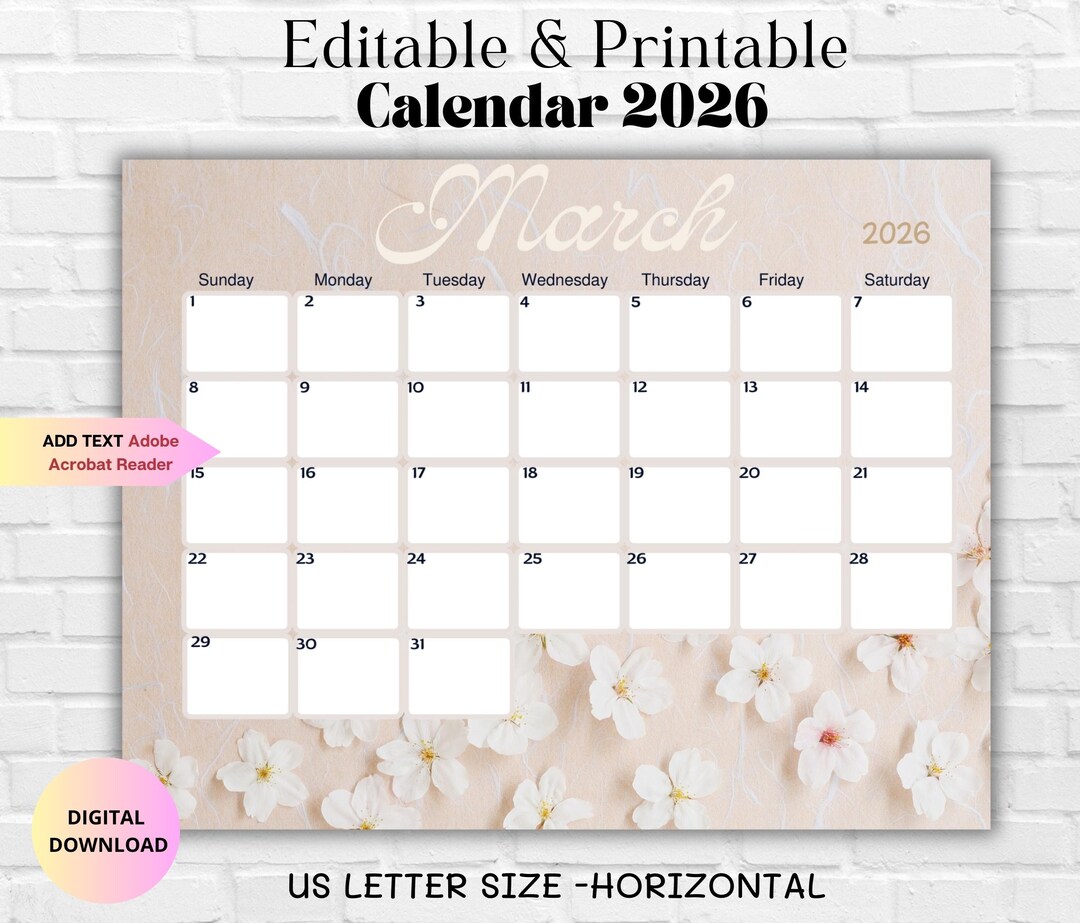 Editable March 2026 Calendar-spring Flower Monthly Planner Family Work ...