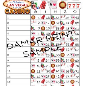 Tableros de bingo de Las Vegas - Tableros de bingo imprimibles de casino de 1 a 15 líneas - Rectos mixtos en blanco - 75 bolas