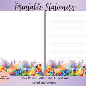 Colorful blocks Printable Stationery-Writing Paper Unlined Lined A5/A4/US Letter-Rainbow Blocks Notepad-Building Blocks