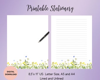 Bloemen schrijfpapier Letter A4, A5, US Letter, Instant Download, bekleed ongevoerd, Wildflower schrijfset, bloem afdrukbaar briefpapier,