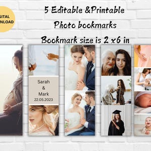 Può includere: Download digitale di cinque segnalibri fotografici stampabili. Ogni segnalibro misura 5 x 15 cm e presenta varie foto, tra cui una donna incinta, un matrimonio e una laurea. È visibile anche il testo "Sarah & Mark 22.05.2023".