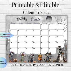EDITABLE October 2025 Calendar-Cute Spooky Halloween 2025 Planner-Witch Printable Editable Calendar Planner for Kids-Family Schedule