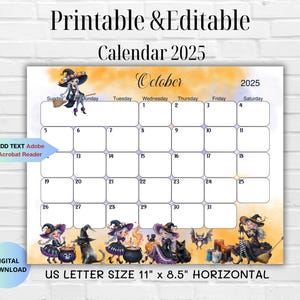 EDITABLE October 2025 Calendar-Cute Spooky Witch Halloween 2025 Planner-Witch Printable Editable Calendar- Digital Monthly Planner