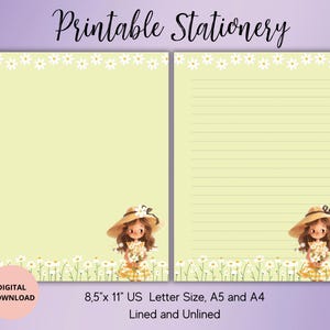 Papelaria para impressão de menina com margarida - Conjunto de papel de carta de verão sem pautas, pautado, A4/A5/US Letter - Papel de carta fofo - Papelaria floral - Amiga por correspondência para menina