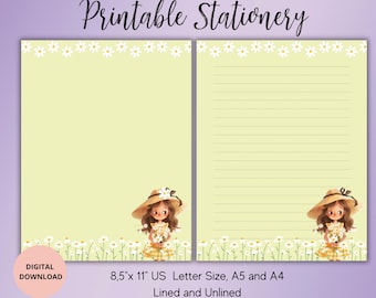 Girl with Daisy Printable Stationery-Summer Writing Paper Set Unlined Lined A4/A5/USLetter-Cute notepaper-Floral Stationary-Pen pal for Girl