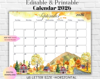 September 2026 Editable Calendar-September 2026 Monthly Planner Family Work School Office & Home Organizer-Printable Calendar