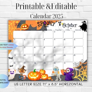 EDITABLE October 2025 Calendar-Cute Spooky Halloween 2025 Planner-October Digital Monthly Planner-Family Calendar-Halloween Planner