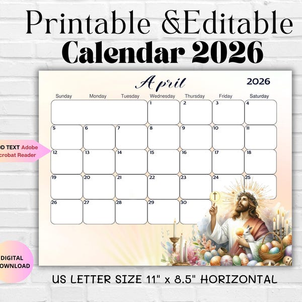 Christian Easter Editable Calnendar-April 2026 Fillable Monthly Planner-Easter Calendar-Download Calendar-Jesus Calendar-Religious Easter