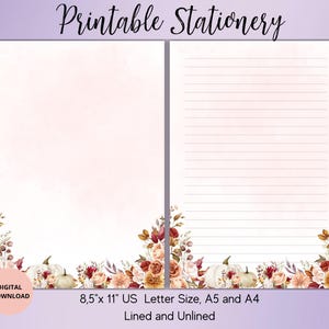 Könnte beinhalten: Druckbare Schreibwaren mit floralen und Kürbis-Akzenten. Die Seiten sind liniert und unliniert in den Größen US Letter, A5 und A4 erhältlich. Der Text "Printable Stationery" steht oben, mit "Digital Download" in einem Kreis links.