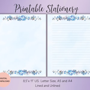 Papeterie imprimable fleurs bleues - aquarelle fleurs papeterie-téléchargement numérique ensemble de papier à lettres ligné non doublé A4/A5/USLetter-été bloc-notes