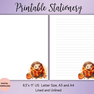 Carta digital de erizo, amor otoñal, papelería imprimible de animales, suministros para amigos por correspondencia, juego de papel de escritura imprimible con rayas, sin rayas A4, A5, tamaño carta de EE. UU.
