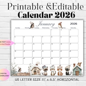 Bearbeitbarer Kalender Januar 2026-druckbarer Kalender für Januar 2026-Digitaler Monatsplaner-Familienkalender-Home-Planer-Katzenkalender