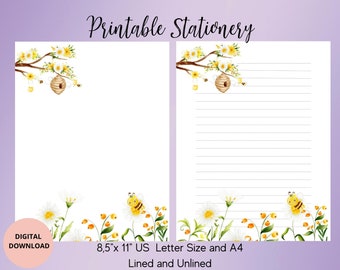 Bee Printable Stationery-Honey Stationery-Digital Download-Flower Printable Writing Paper Set Lined Unlined A4/US Letter-Kids Stationary