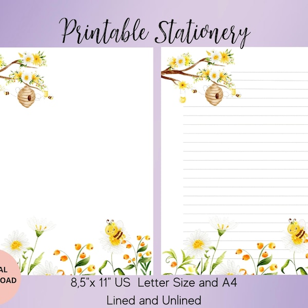 Bee Printable Stationery-Honey Stationery-Digital Download-Flower Printable Writing Paper Set Lined Unlined A4/US Letter-Kids Stationary