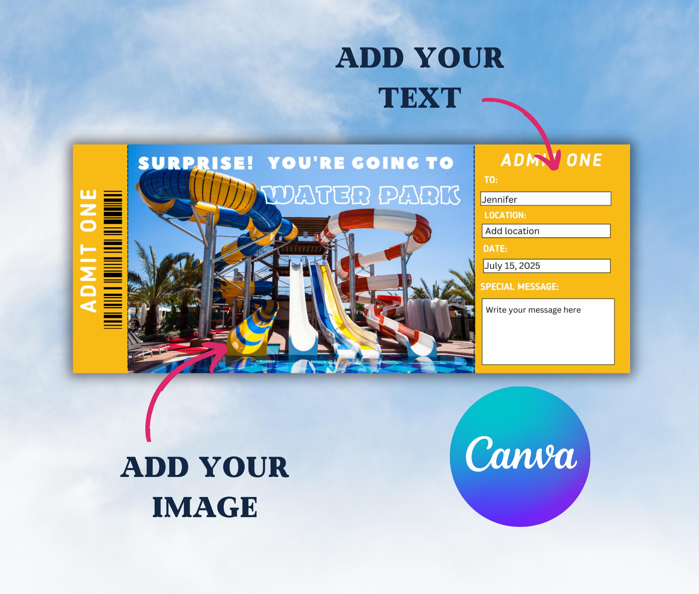Editable Water Park Surprise Ticket-water Park Gift Certificate Template-printable Water Park ...
