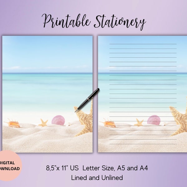 Beach Printable Stationery Digital Download,Printable Writing Paper Lined,Unlined A4,A5 and 8.5x11 US Letter,Sand Dunes Summer Ocean Set