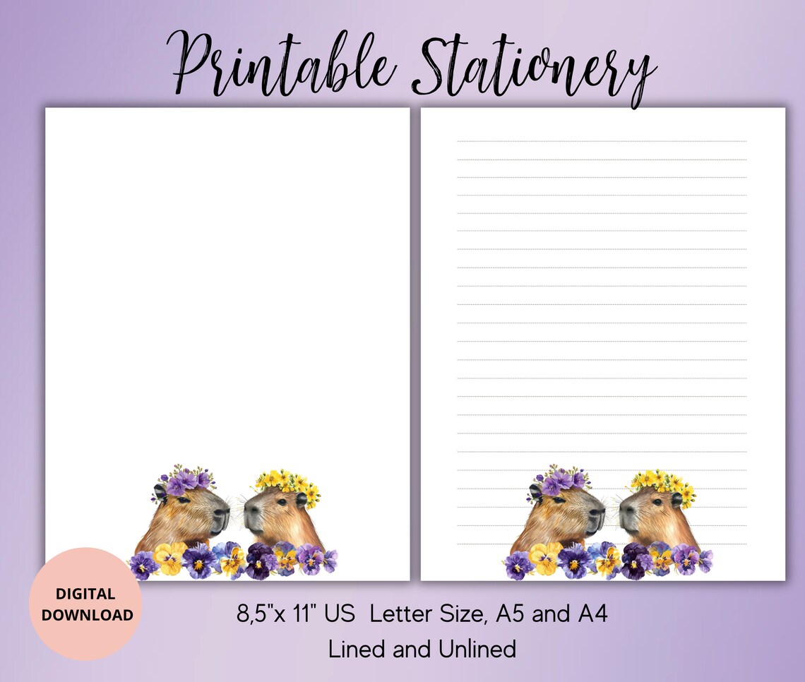 Capybara With Flower Printable Stationery-animal Lover Printable ...
