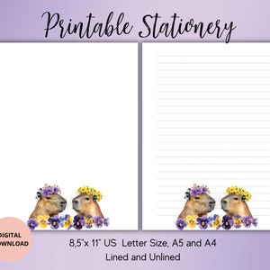 Capybara mit Blume druckbares Briefpapier-Tierliebhaber druckbares Briefpapier-Set A4 / AA5 / US letter Pen pal Lieferungen