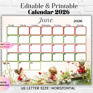 Juni 2026 bearbeitbarer druckbarer Kalender-Juni 2026 Monatsplaner-Klassenzimmer/Familienkalender Ausfüllbarer-Instant Download-Sommerkalender