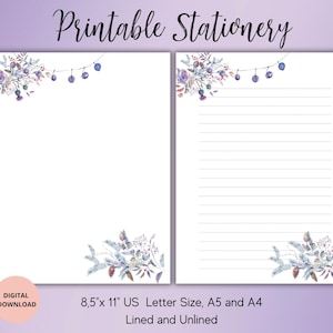 Winter Blume druckbare Briefpapier, digitaler Download, Weihnachten Blumen Brief Schreiben Set A5,A4,US LETTER, gefüttert unliniert Notizblock,Memo Blatt