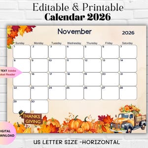Può includere: Calendario stampabile di novembre 2026 a tema Ringraziamento. Il calendario presenta uno sfondo beige con zucche, foglie autunnali e un camion vintage. Il testo include "Calendario modificabile e stampabile 2026".